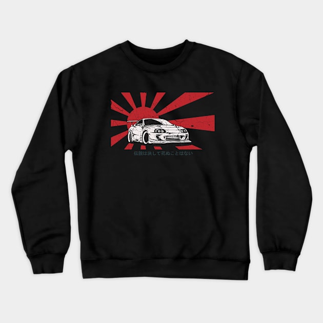 Supra 2JZ Turbo JDM Tuning Car Rising Sun "Legends never die" Crewneck Sweatshirt by Automotive Apparel & Accessoires